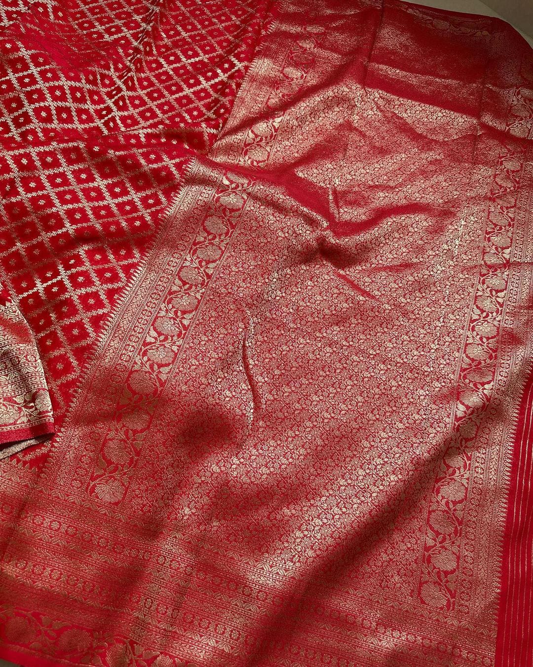 Red Crepe Khadi Georgette  Silk Saree