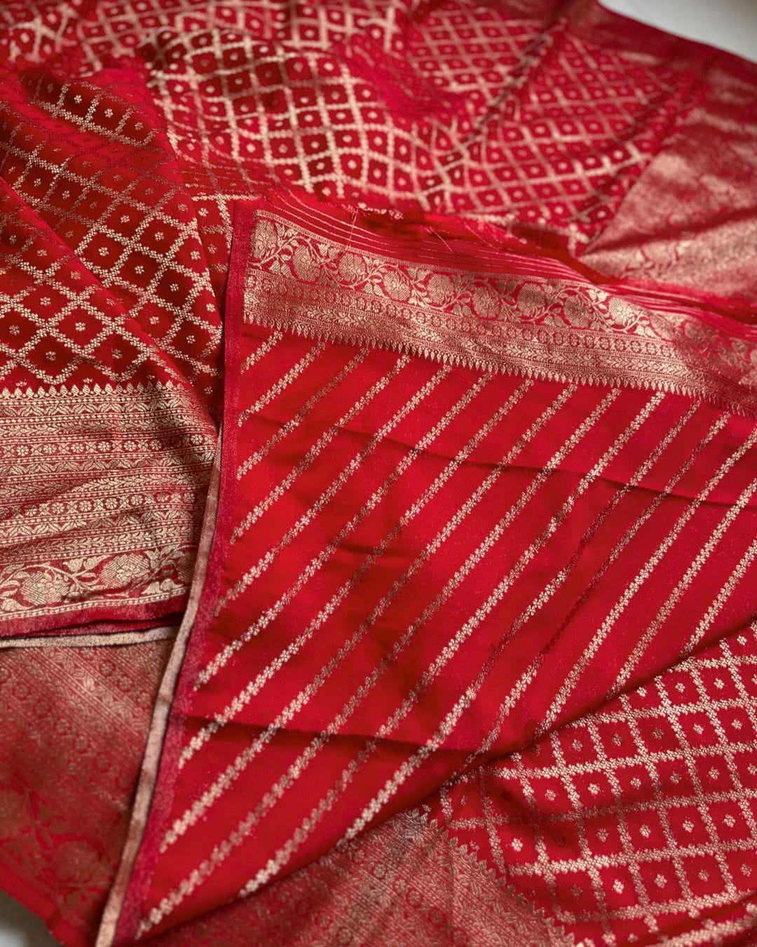 Red Crepe Khadi Georgette  Silk Saree