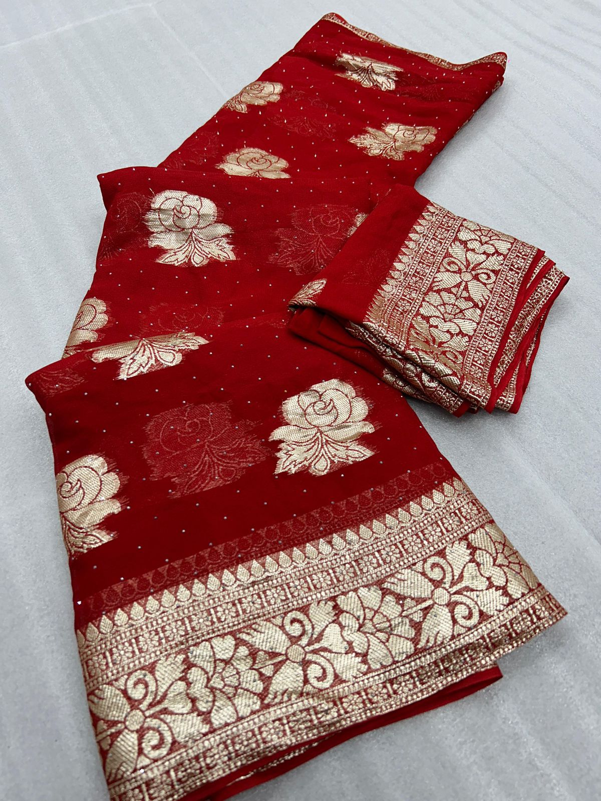 Red Pure Viscos Georgette Silk Saree