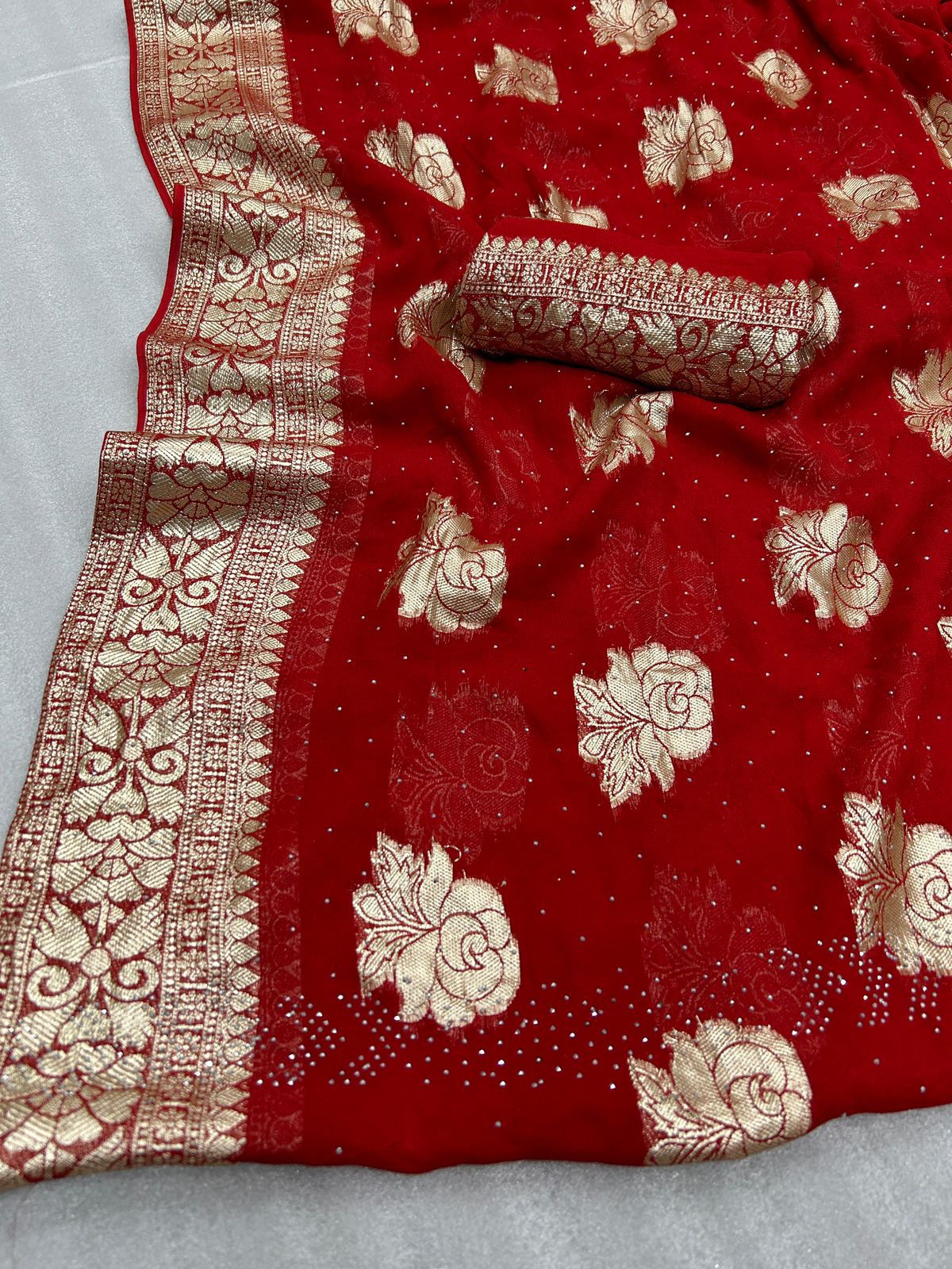 Red Pure Viscos Georgette Silk Saree