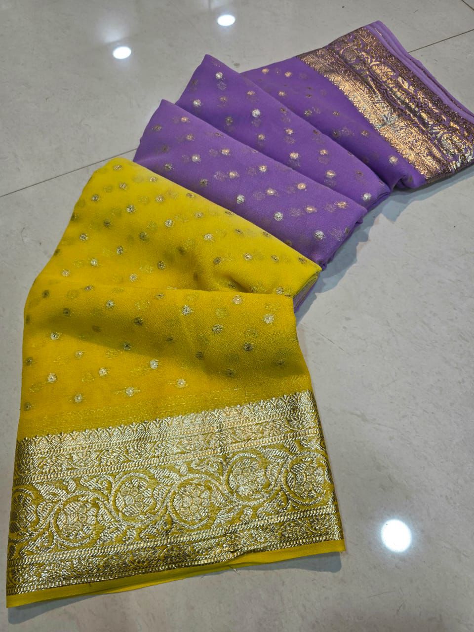 Yellow Nd Lavender Pure Viscos Georgette Silk Saree