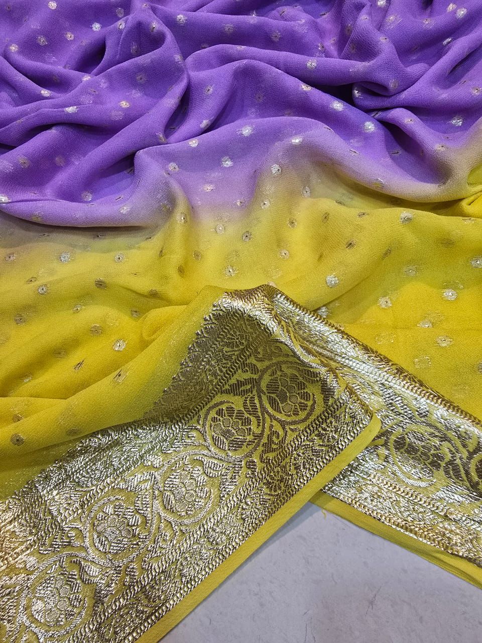 Yellow Nd Lavender Pure Viscos Georgette Silk Saree