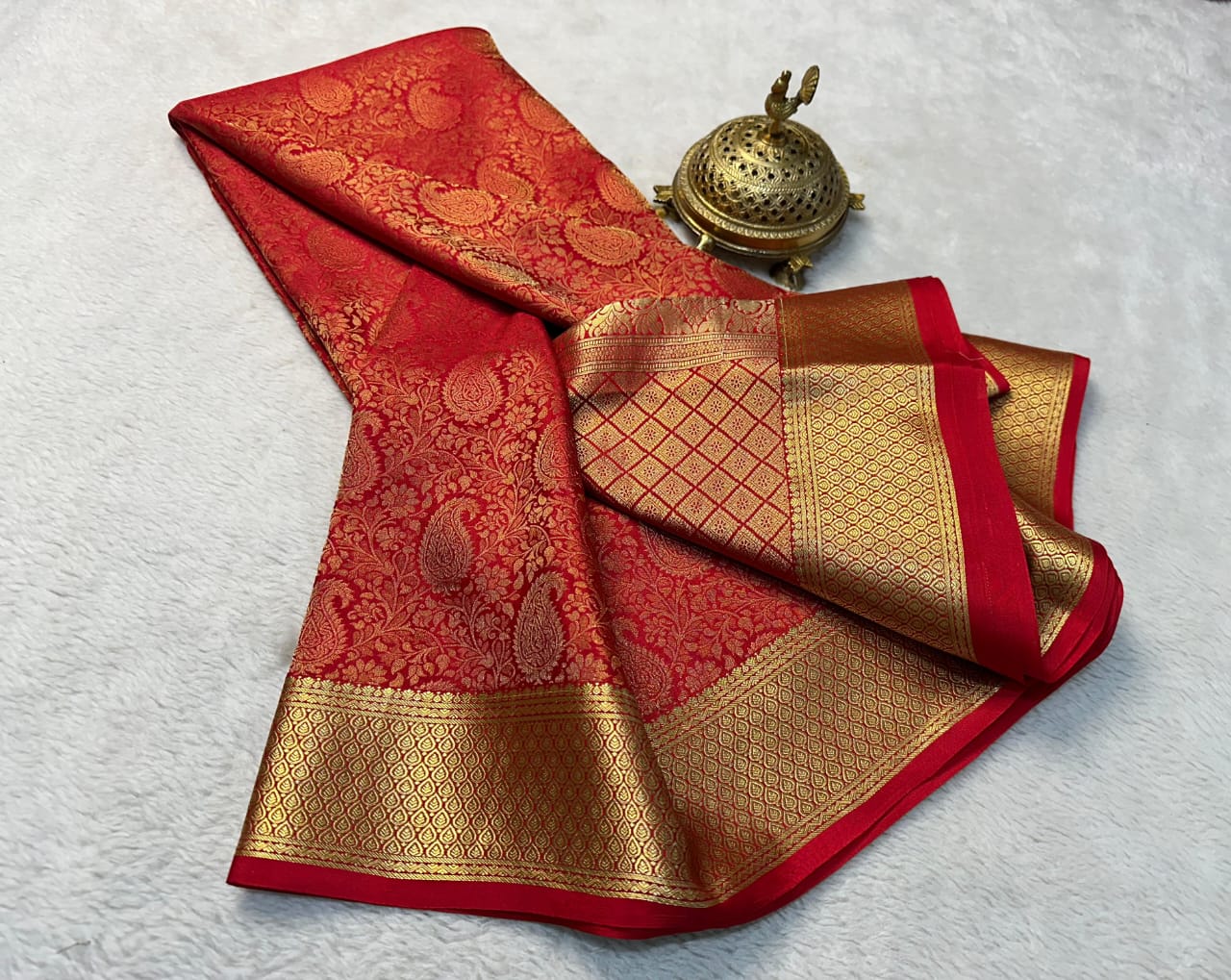 Red Semi Silk saree With Golden Zari Border